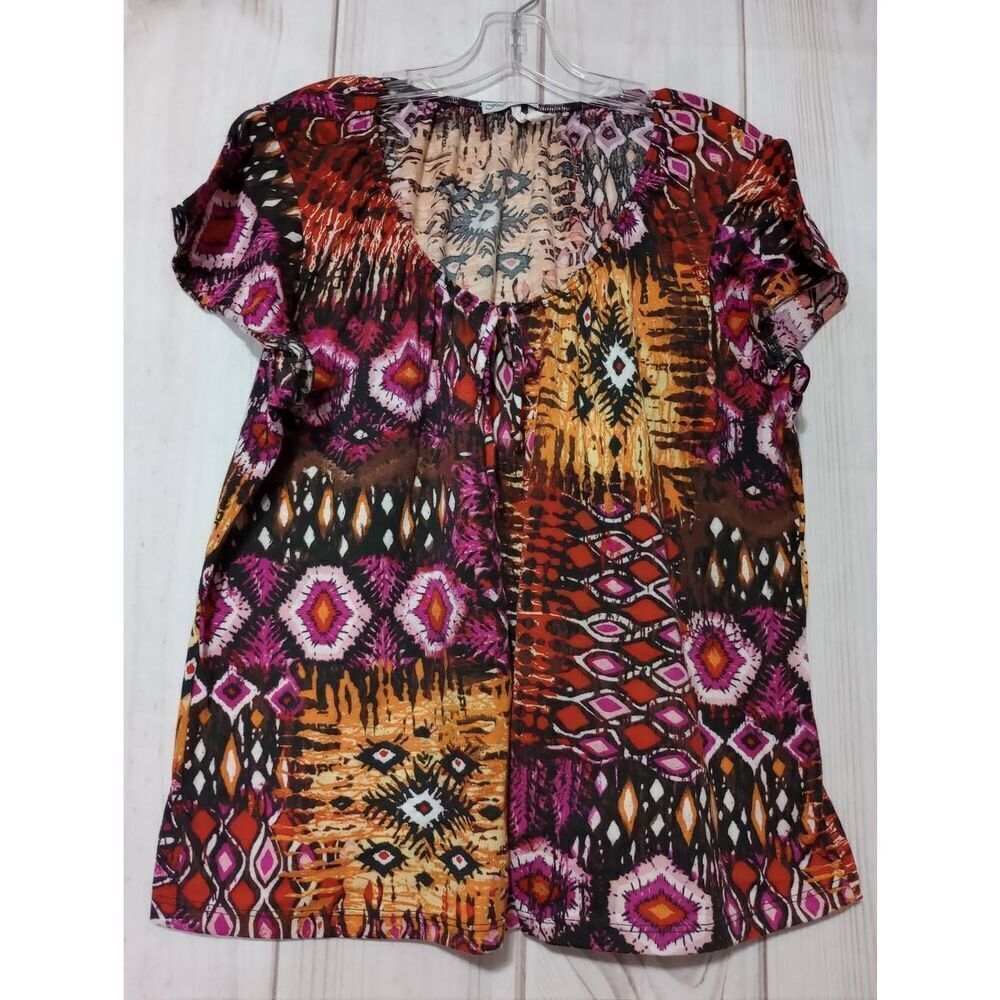 Aztec Print Short Sleeve Tie Neck Blouse Top Red Orange Purple